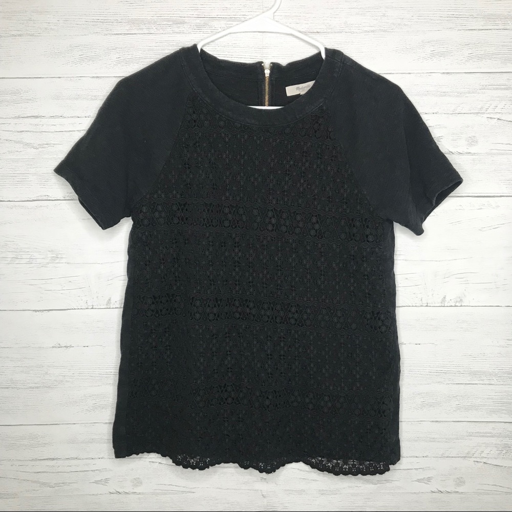 Madewell Black Lace Crochet Mix Media Tee Top